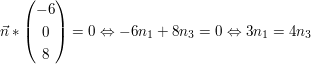 $ \vec n*\vektor{-6\\0\\8}=0 \gdw -6n_1+8n_3=0 \gdw 3n_1=4n_3 $