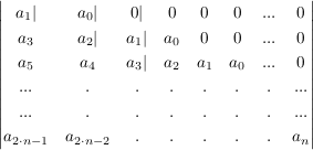 $ \vmat{a_1 |& a_0 |& 0 |& 0 & 0 & 0 & ... & 0 \\ a_3 & a_2 |& a_1 |& a_0 & 0 & 0 & ... & 0 \\ a_5 & a_4 & a_3 |& a_2 & a_1 & a_0 & ... & 0 \\ ... & . & . & . & . & . & . & ... \\ ... & . & . & . & . & . & . & ... \\ a_{2\cdot{}n-1} & a_{2\cdot{}n-2} & . & . & . & . & . & a_n} $