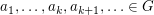 $ a_1,\ldots,a_k, a_{k+1},\ldots \in G $