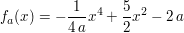 $ f_a(x) = -\frac{1}{4\,a}x^4 + \frac{5}{2}x^2 - 2\,a $ $ f_a(x) = -\frac{1}{4\,a}x^4 + \frac{5}{2}x^2 - 2\,a $