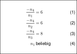 $ \fbox{\parbox{6cm}{\begin{align} \frac{-n_4}{n_1}&=6\\ \frac{-n_4}{n_2}&=6 \\ \frac{-n_4}{n_3}&=8\\n_1 & \text{ beliebig}\end{align}}} $